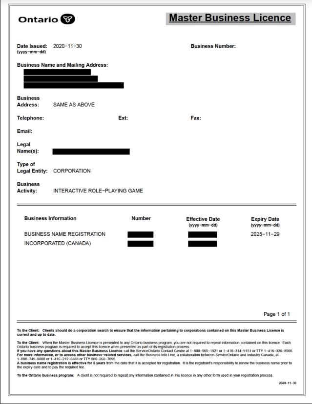 Trade name /Master business license.